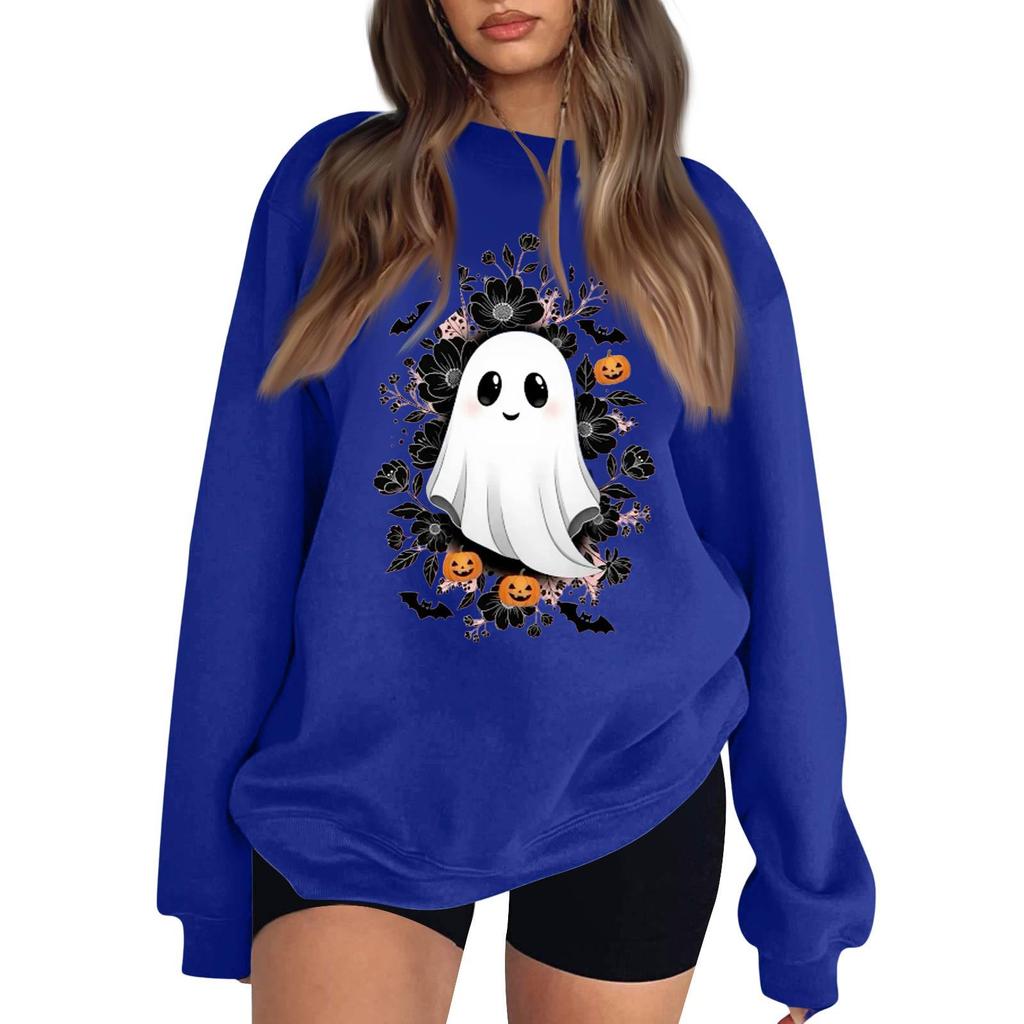 Women's Neck Long Sleeve Loose Fit Casual Sweatshirt Pullover Top with Halloween Print