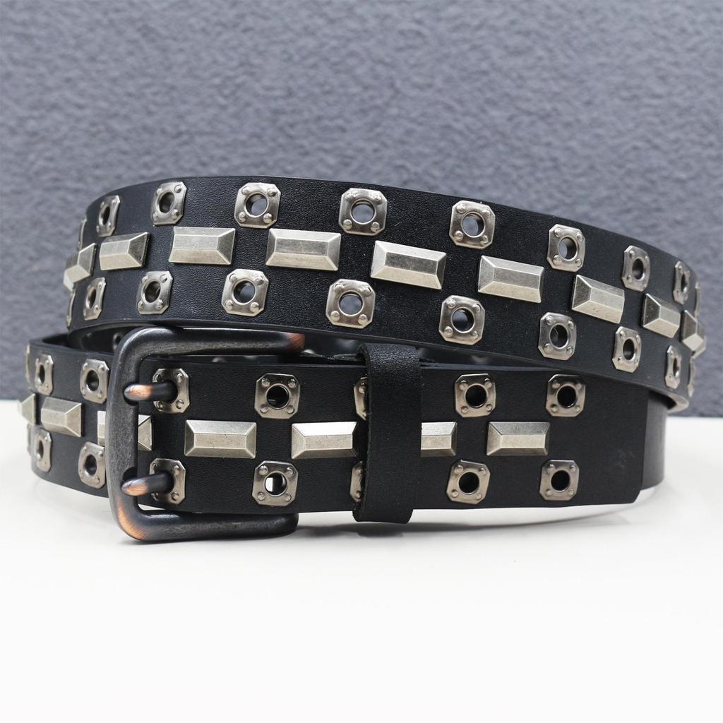 Gothic Double Eyelet Rivet Leather Belt - Top Layer Cowhide, Heavy Industry American Style, Y2K
