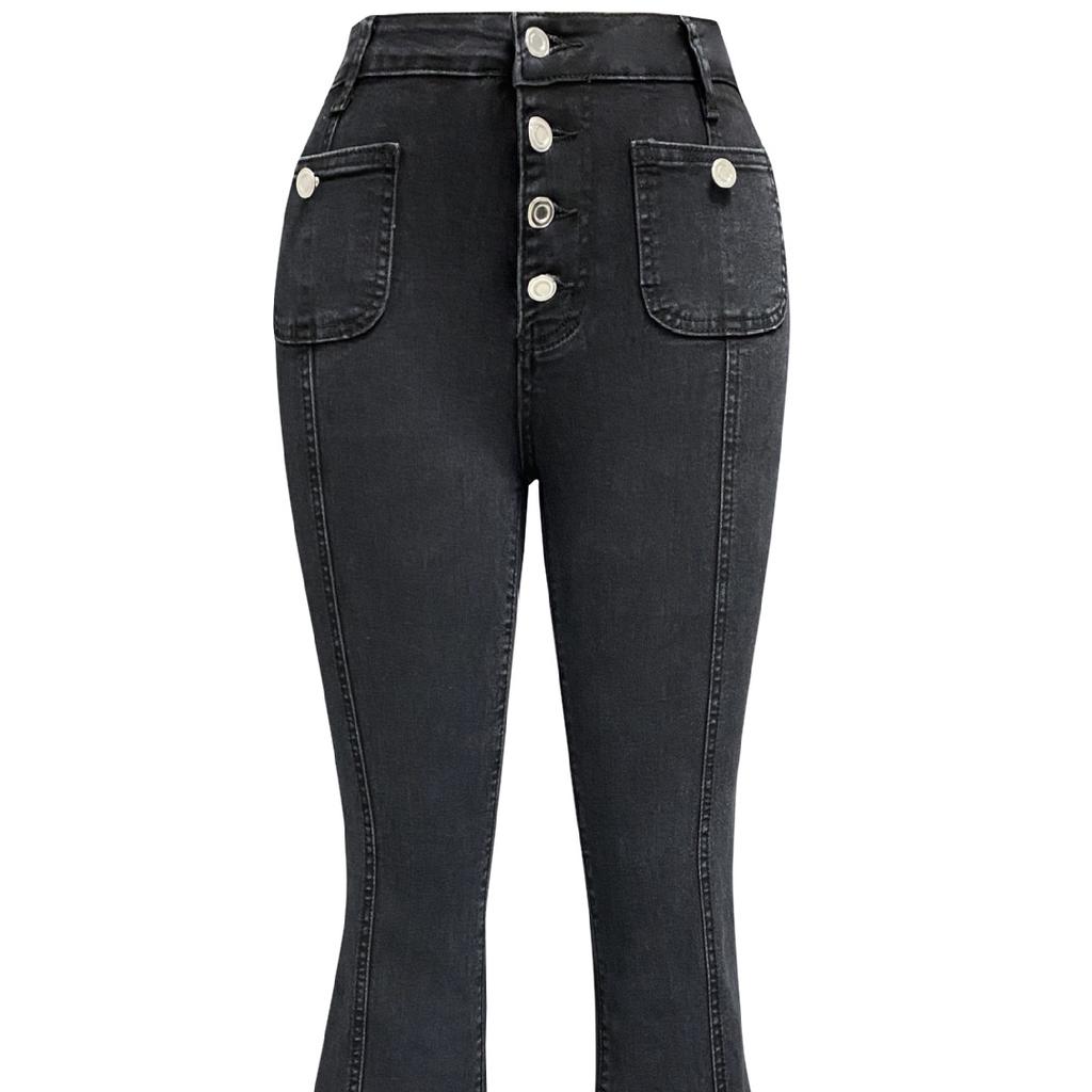 Frühling neue reihe schnalle hohe taille jeans weibliche dünne temperament ausgestelltes hosen