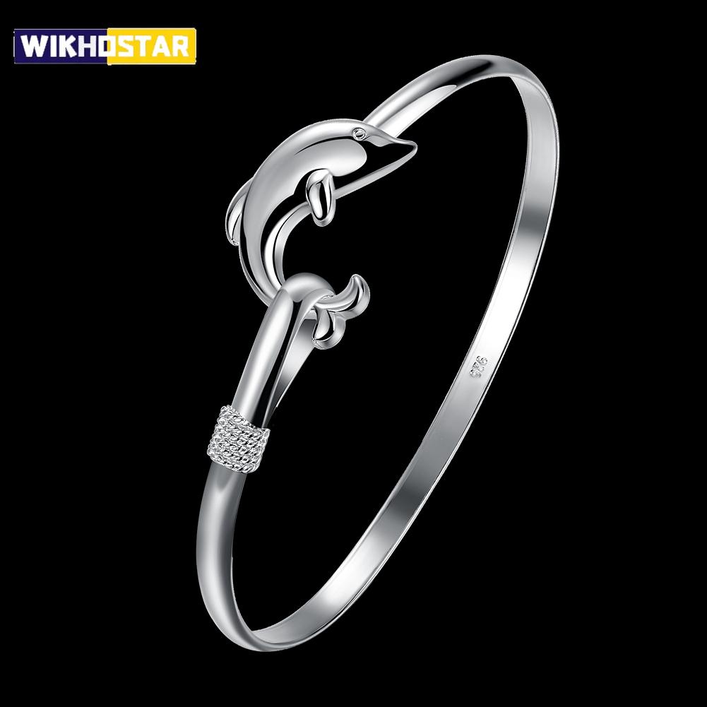 Hot 925 Sterling Silver Bracelets for Women fine cute dolphin bangle adjustable Jewelry Fashion Party Gifts Girl student