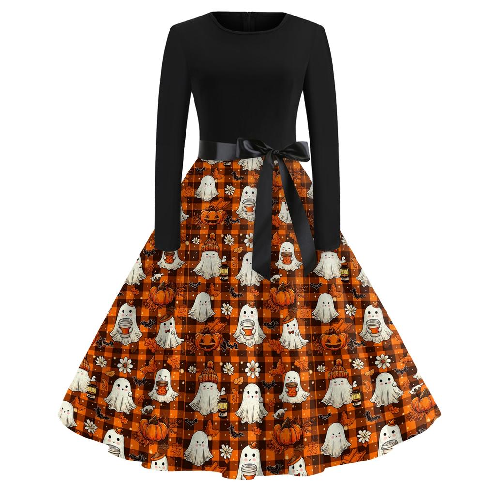 Women Casual Halloween Printed Round Neck Vintage Dress Long Sleeve Fit Flared Skirt Belted Waist Retro Style Dress for Autumn