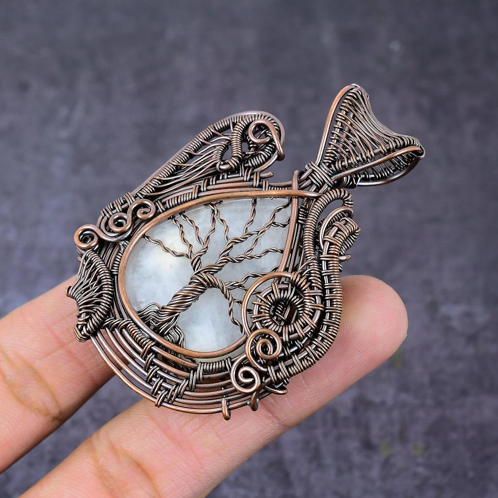 Natürlicher Regenbogen-Mondstein Kupferdraht-Wickel Lebensbaum Anhänger 2,68" z8s04