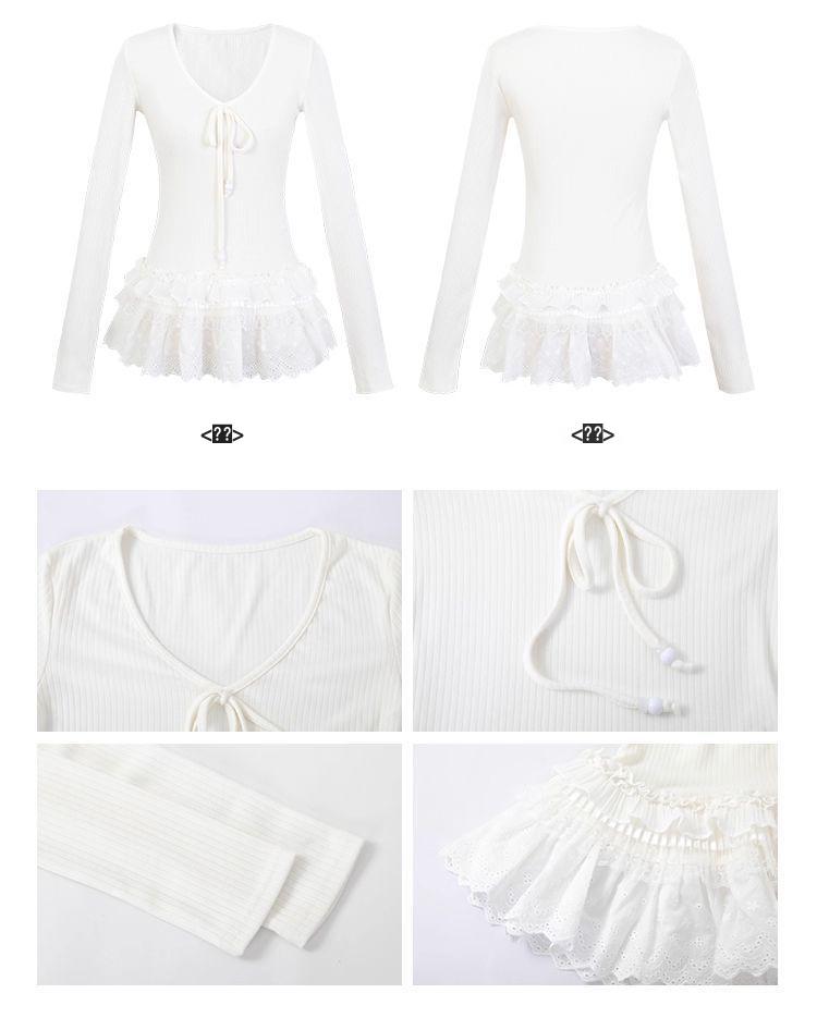 White Lace Long-Sleeve V-Neck T-Shirt - Simple & Versatile Autumn/Winter Style