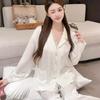 Women's Ice Silk Pajamas - Lazy Embossed Pink Lace Cardigan, Long Sleeve, Youthful Style.