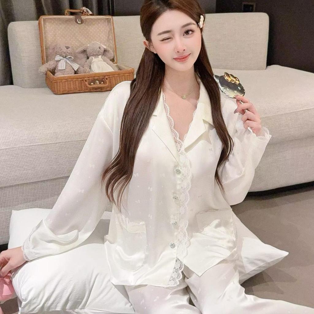 Women's Ice Silk Pajamas - Lazy Embossed Pink Lace Cardigan, Long Sleeve, Youthful Style.