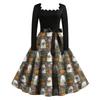 Women Vintage Long Sleeve Square Neck Halloween Printed Party Dress Retro Full Skirt Mid-Calf Length Elegant Fit and Flare Dress