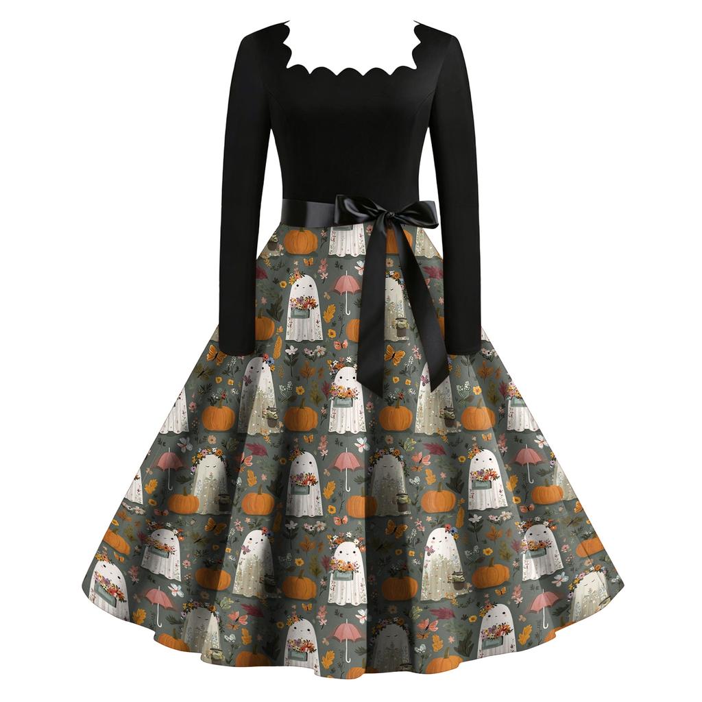 Women Vintage Long Sleeve Square Neck Halloween Printed Party Dress Retro Full Skirt Mid-Calf Length Elegant Fit and Flare Dress