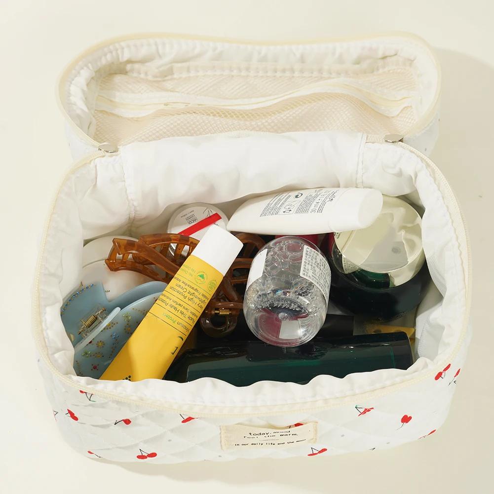 3 PCS/Set Women Quilted Makeup Bag Cherry Pattern Cosmetic Handbag with Clutch Bag & Pen Case Large Capacity Travel Storage Bags