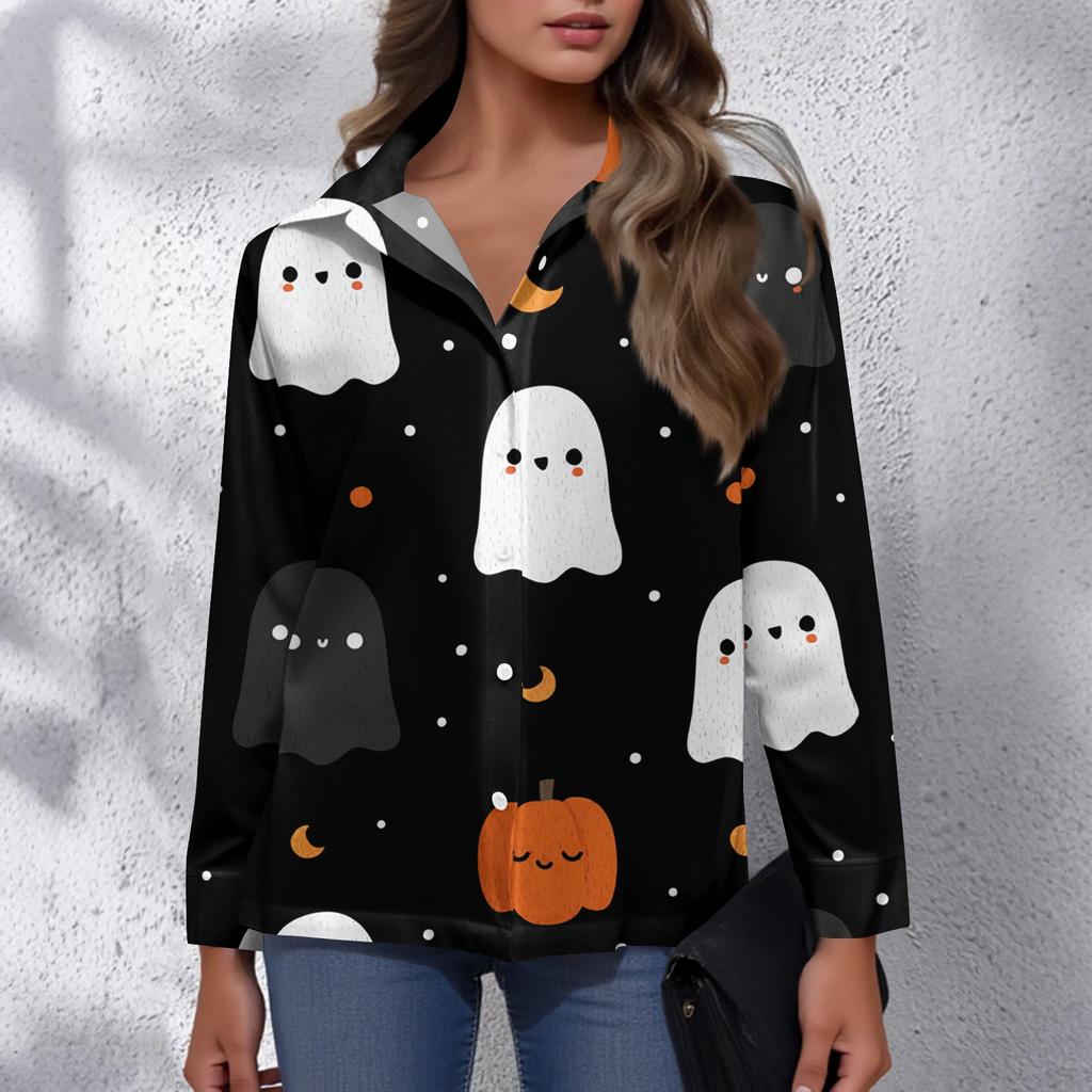Women's Halloween Printed Casual Half-Open Collar Long Sleeve Shirt
