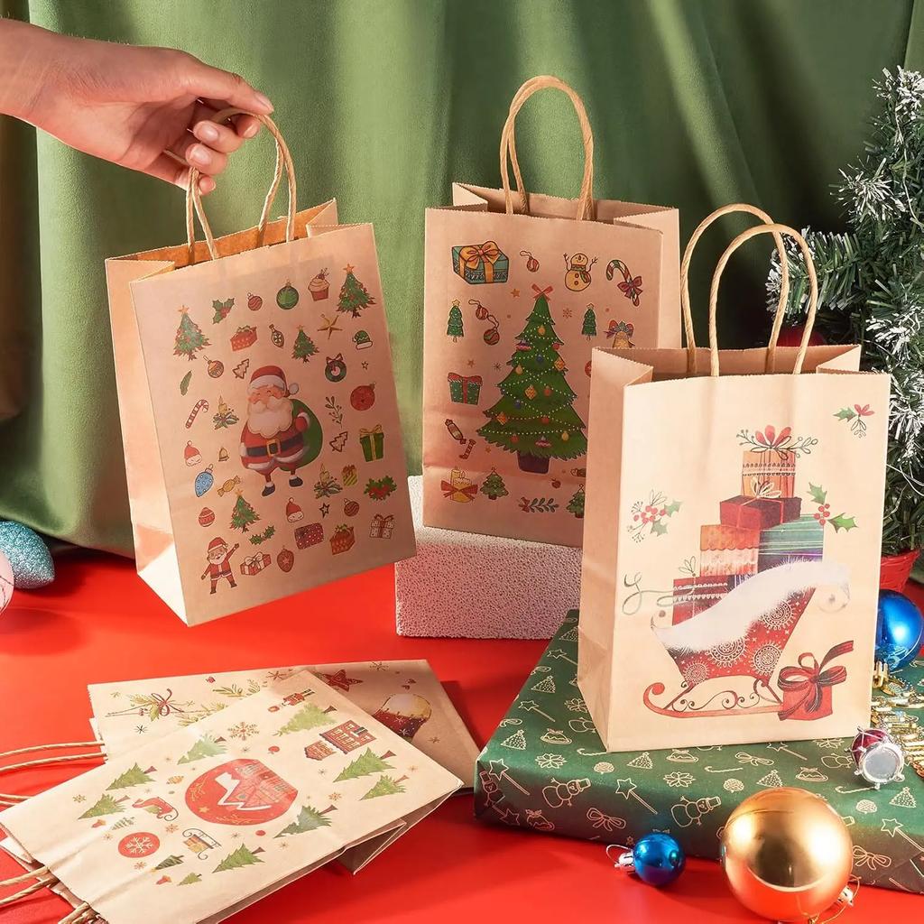 12-48PC Handheld Christmas Kraft Paper Gift Bag Durable Eco Friendly Holiday Party Paper Bag Festive Gift Wrapping Holiday Gift