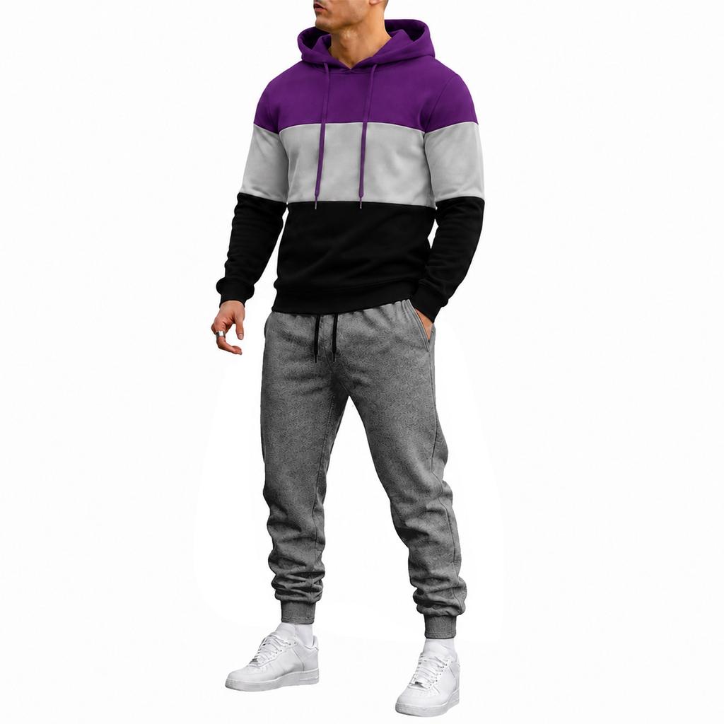 Men's Hoodie and Jogger Set Casual Patchwork Tracksuit for Workout, Lounging and Everyday Wear