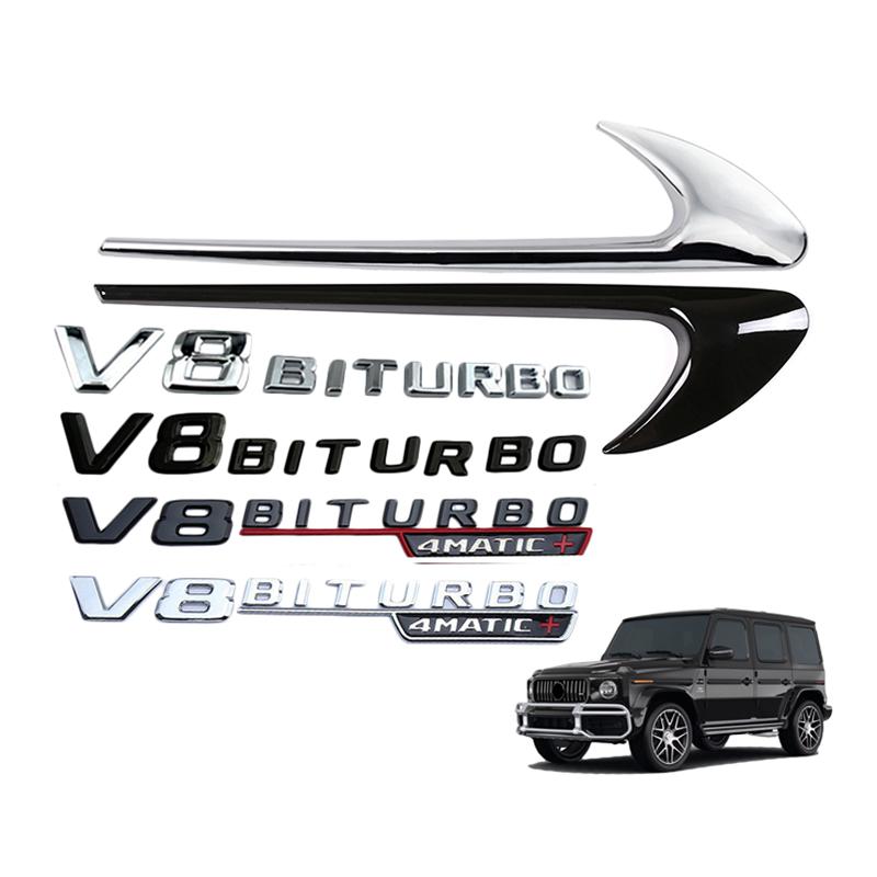 Car Fender Side V8 BITURBO 4MATIC Badge Emblem Logo Set Chrome Black For Mercedes Benz C63 E63 G63 C-Class 6a