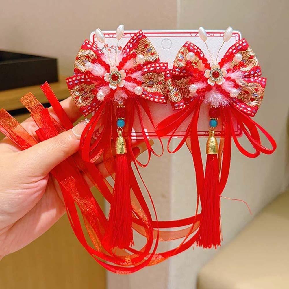2pcs Bow New Year Ribbon Barrettes Lion Embroidered Bow Headwear Ancient Style Hair Clip  Winter