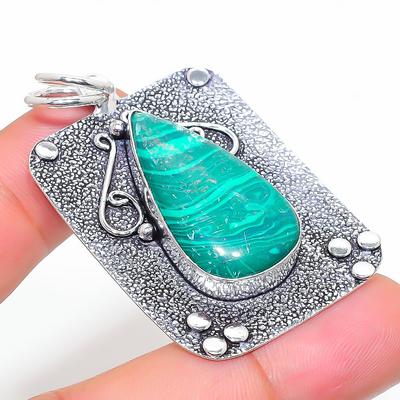 Natural Malachite Gemstone Handmade 925 Sterling Silver Pendant 2.09" M6p21