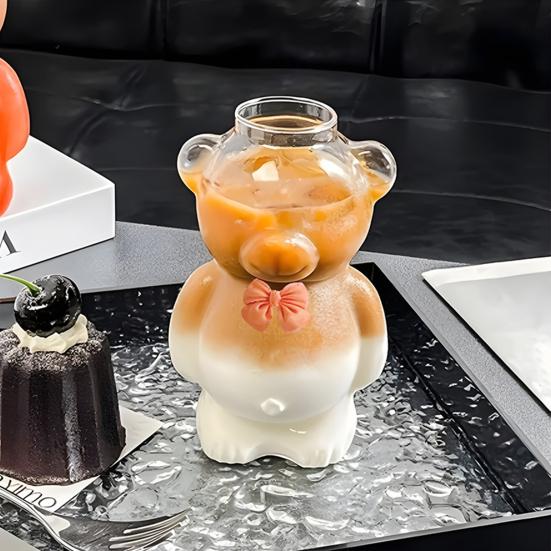 Bear Glass Cup with Straw 320ml Juice Milk Tea Smoothies Drinking Cup Reusable Coffee Cocktails Tumbler