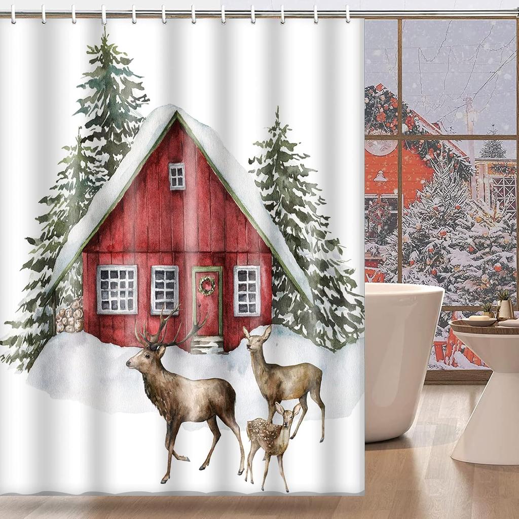 Christmas Shower Curtain, Red House and Deers in Forest Winter Waterproof Fabric Bathroom White Shower Curtain Set with