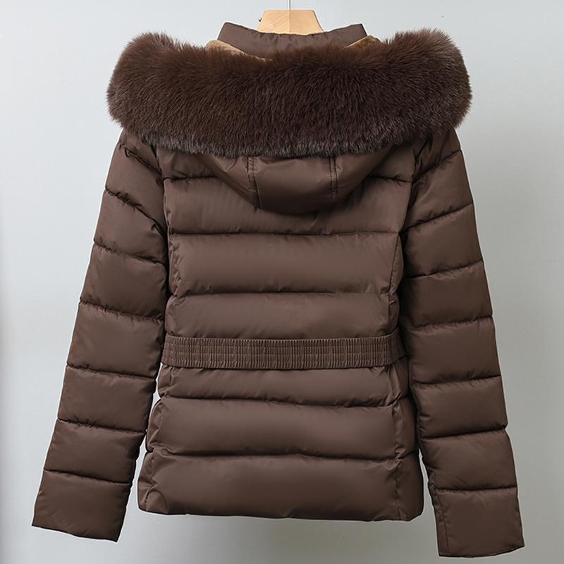 Mote Vinterkåpe Dame Parkas Hette Fuskepelskrage Tykk Varm Damejakker Med Belte