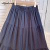 Japanese Mori Girl Spring Summer Women Black Skirt High Waist Floral Embroidery Elegant Midi Skirt Vintage Cotton A-Line Female Skirt