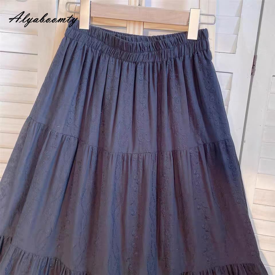 Japanese Mori Girl Spring Summer Women Black Skirt High Waist Floral Embroidery Elegant Midi Skirt Vintage Cotton A-Line Female Skirt