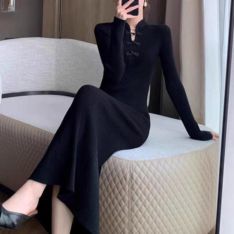 Vintage Red Improved Cheongsam Knitted Dress Muse Fan Elegant Temperament Meat Cover Sweater Bottom Long Dress Large Size