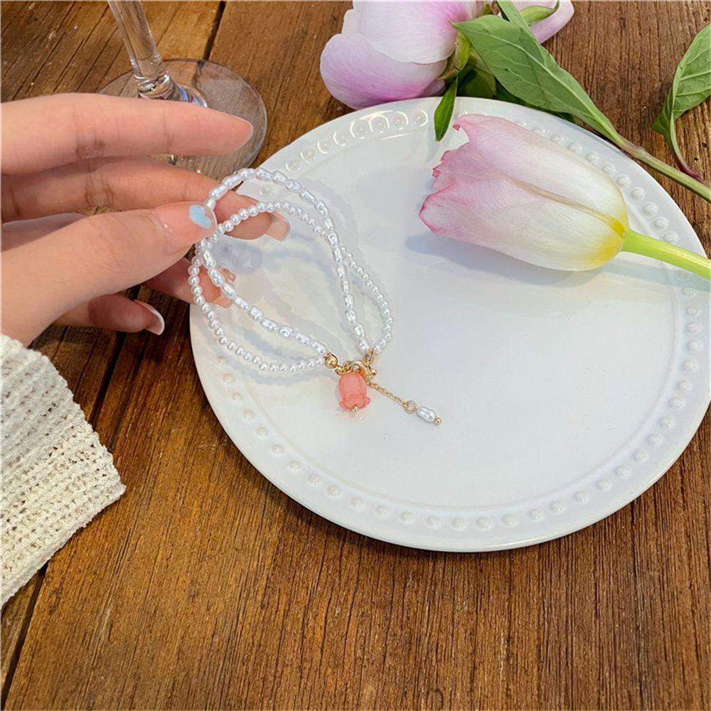 

Double Layer Sweet Party Romantic Flower Thick Chain Bangle Pearl Alloy Pendant Pearl Bracelet