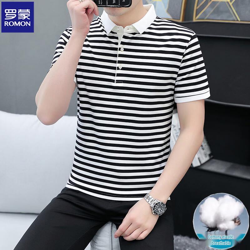 ROMON Men's Striped Short Sleeve Polo Shirt