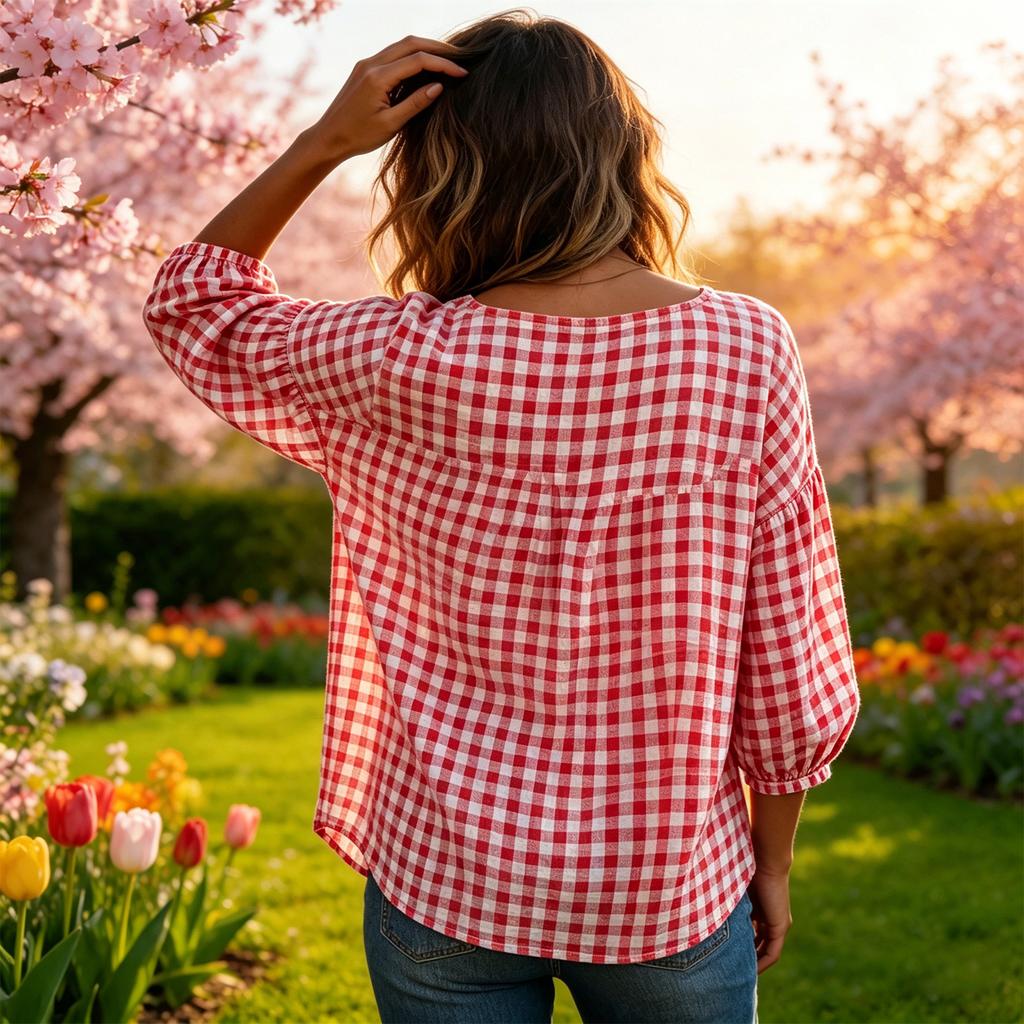 Women Casual Plaid Loose Fit Blouse Three Quarter Sleeve Button Front Square Neck Top Lightweight Comfortable Shirt