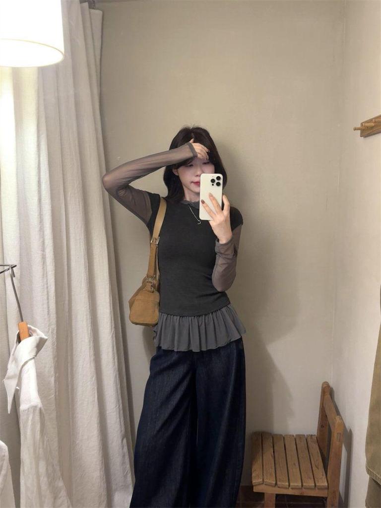 Available Now: Sweet Mesh Patchwork Two-Piece Layered T-shirt - 2025 Korean Style, High Neck, Long Sleeve, Base Layer.