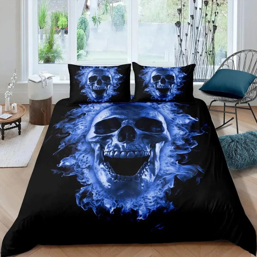 Black Blue Flame Skull Duvet Cover Set Full Size 3D Skeleton Bones Bedding Set Gothic Comforter Cover Horror Skull Quilt Cover