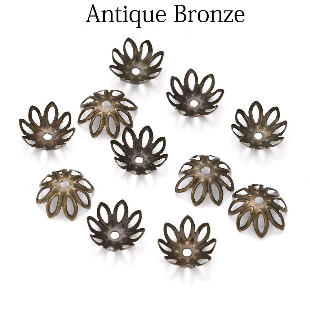 

100 шт./лот, серебряные, золотые, родиевые бусины с цветами, колпачки для изготовления ювелирных изделий, принадлежности для изготовления ювелирных изделий 11mm Antique bronze