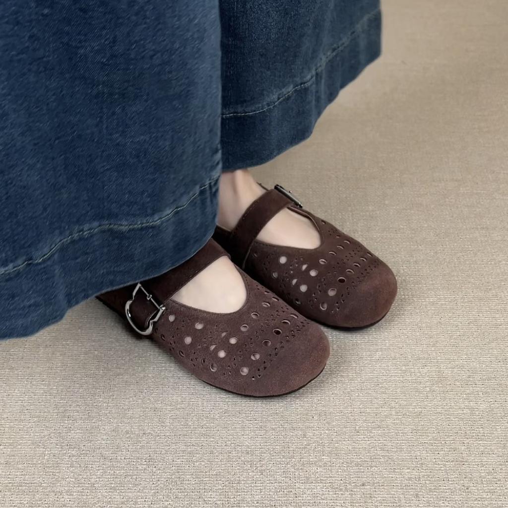 Sheepskin Version~ Korean Version of Round Head Hollow Hole Shoes Flat Bottom One-word Buckle Mary Jane Shoes Women's 2025 Spring and Summer Shoes