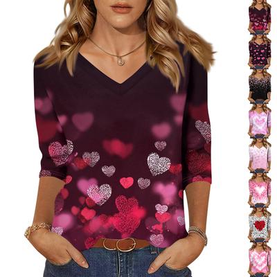 Women's Fashion Casual V Neck 3/4 Sleeve Loose  Printed T-Shirt Ladies Top