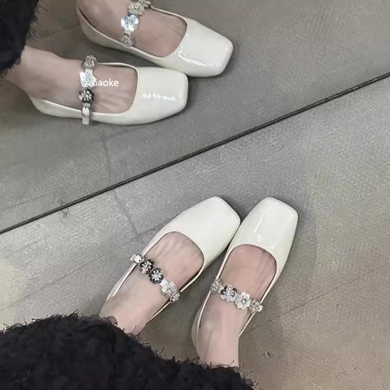 Fashion 2025 New Fashion Square Head Shallow Mouth Fold Mary Jane Shoes Women's New Fall Rhinestone Pearl Buckle Low Heel Shoes