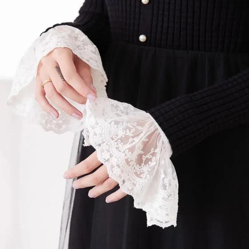 2pairs Mesh Lace Sweater Decorative Sleeves Women Black White Ruffles Elbow Mittens Cuff Detachable Wedding Dress Fake Sleeves