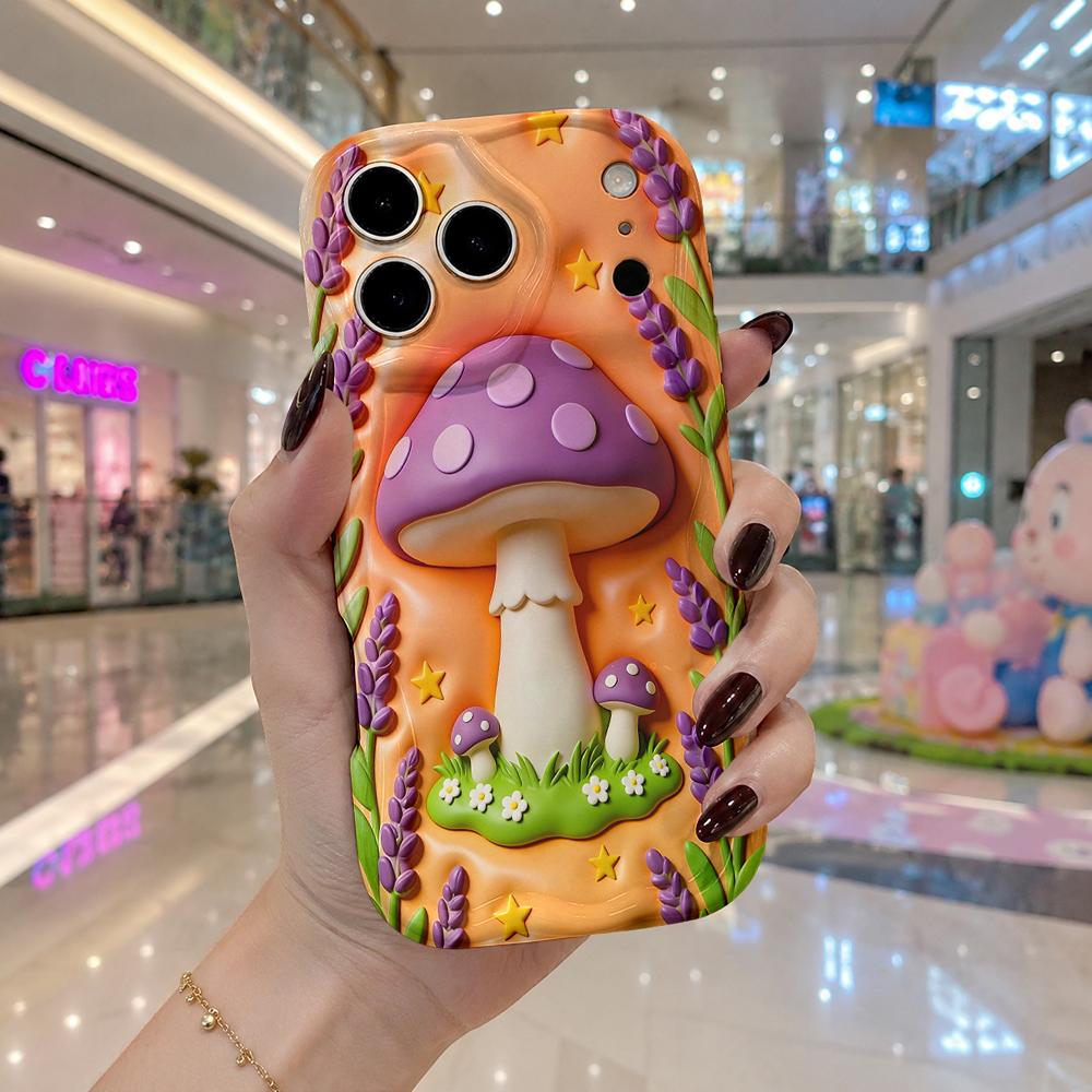 Polka Dot Mushroom Lavender Star Wavy Edge Phone Case for iPhone 17 16 15 14 13 12 11 8 7 Plus Pro Max Fun Design