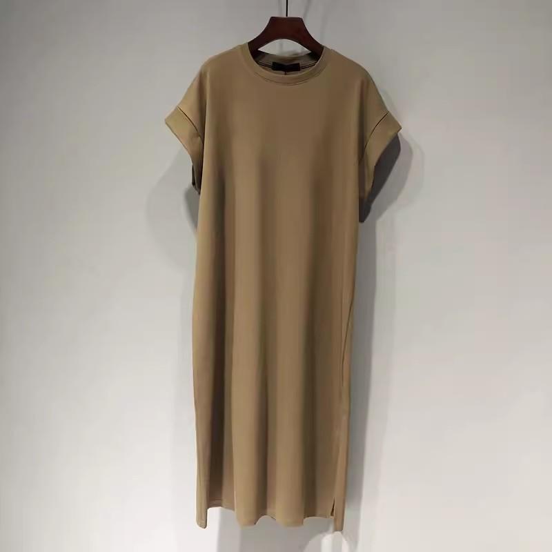 Women's Cotton T-shirt Dress O Neck Short Sleeve Solid Color Loose Midi Casual Dress