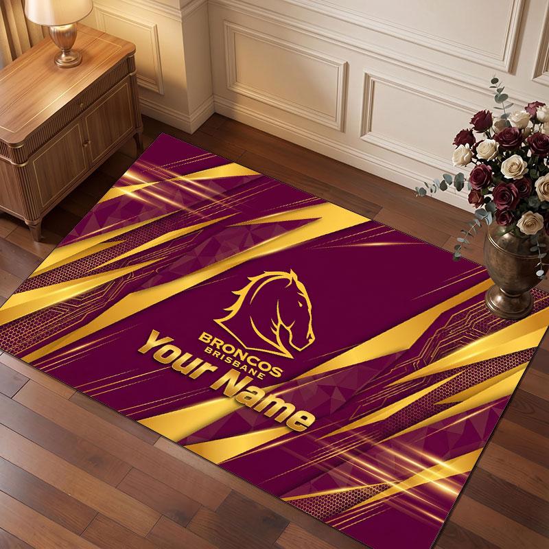 Brisbane Broncos Personalized Crystal Velvet Carpet, Customized Name Text Soft Anti‑Slip Rug for Living Room Bedroom