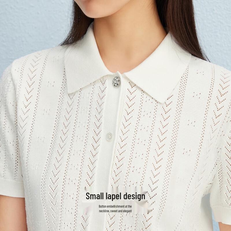 VEROMODA Women's Lapel Crochet Knit Short Sleeve Top