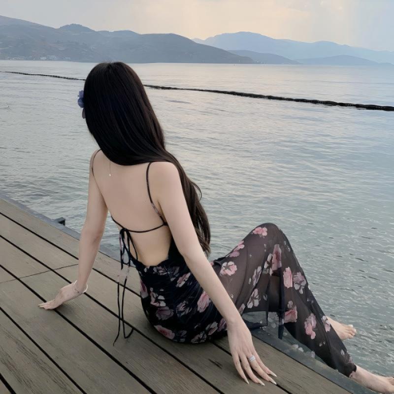 Atmosphere vacation style sweet and spicy high split waist floral dress pure desire beach photo