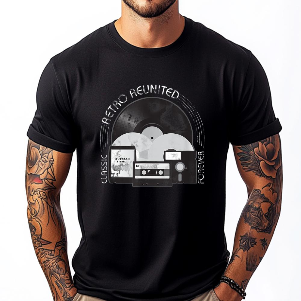 

Retro Media Vinyl Cd Cassette 8 Track Tee Shirt Items Lowest Prices Streetwear Father s Day - Men s Summer Cotton Graphic Tee S разноцветный