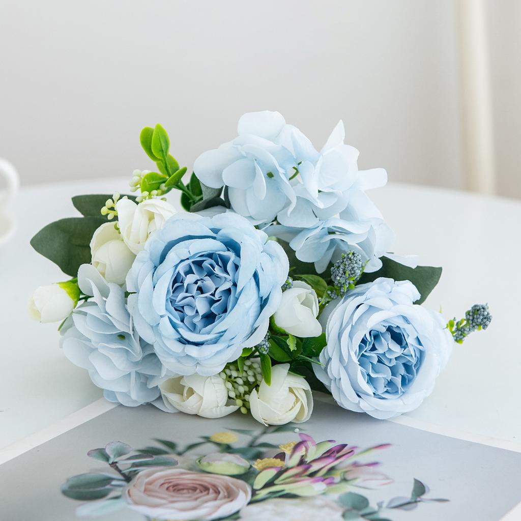 1pc Blue Artificial Flower Hydrangea Fake Peony Silk Flowers Rose Bouquet for Home Wedding Bride Bouquet Decor, Valentine Day