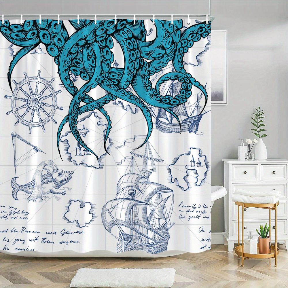 1pc Steampunk Octopus Shower Curtain with Turquoise Tentacles, Ship's Wheel & Mermaid Design - Vintage Nautical Maritime Theme B