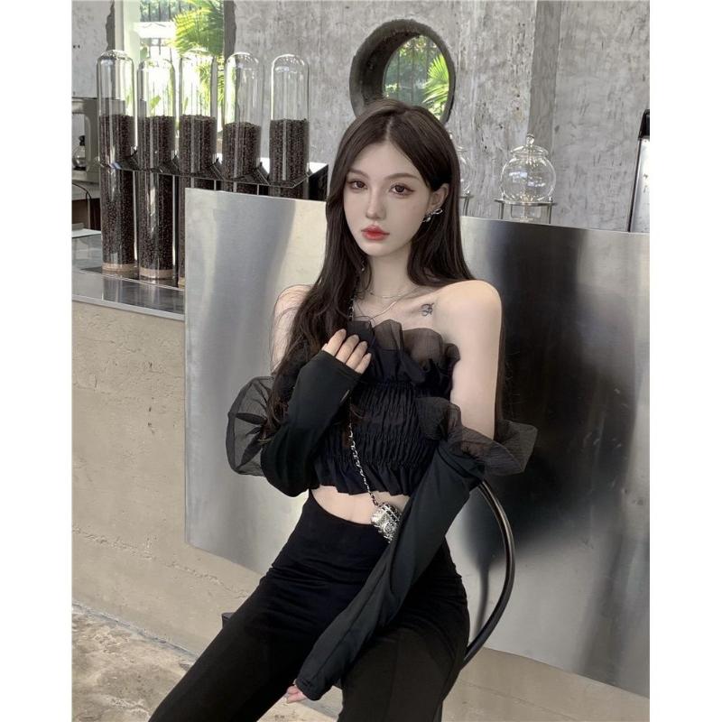 Dámská halenka s dlouhým rukávem a lemováním, černá, s lomeným výstřihem, motýlími rukávy, gázovým volánem, záhybem, elastickým pasem, štíhlým oříznutým topem s dlouhým rukávem, Hotsweet