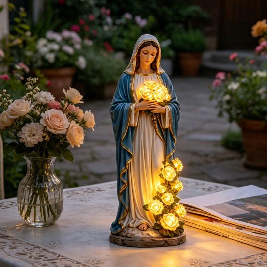 Blessed Mother Garden Light Statue with Flower USB Lamp Ornament Weather-Resistant Glowing Rose Decorative Lamp for Outdoor