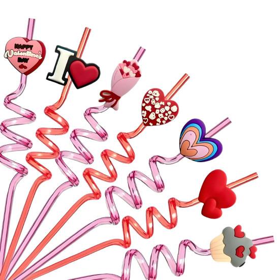 2Pcs Colorful Spiral Straws Creative Drinking Straws with Heart Lip Cake Charm Romantic Pink