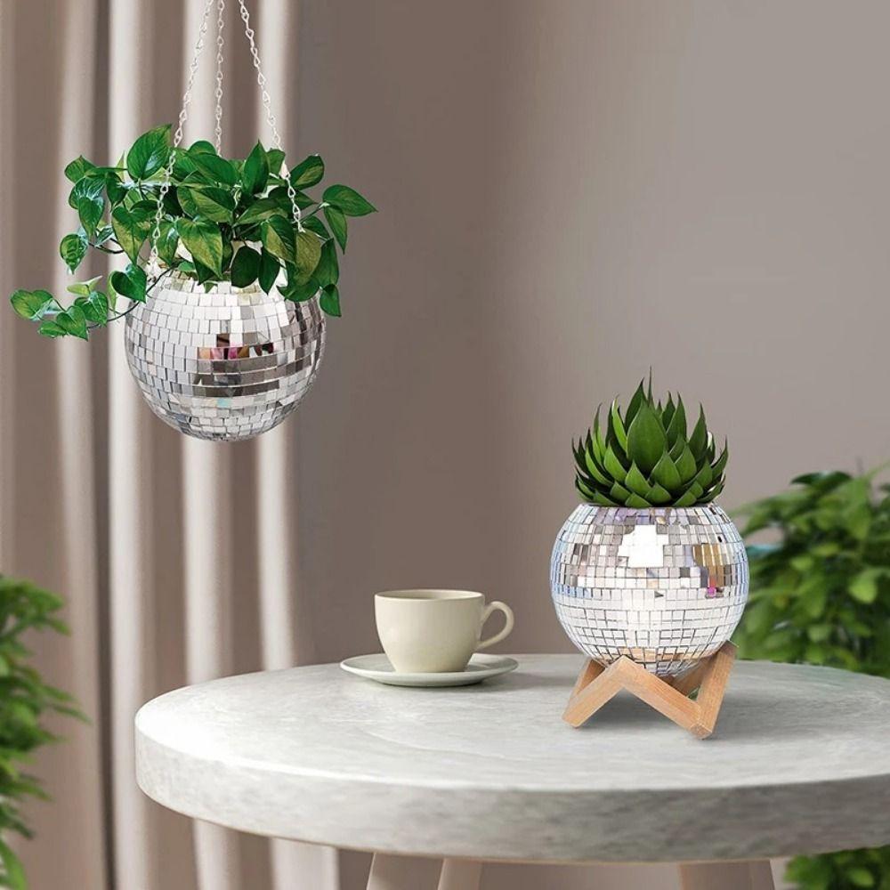 Glass Mirror Disco Ball  Flower Planter Wood Base Plant Hanging Basket  Indoor Plants