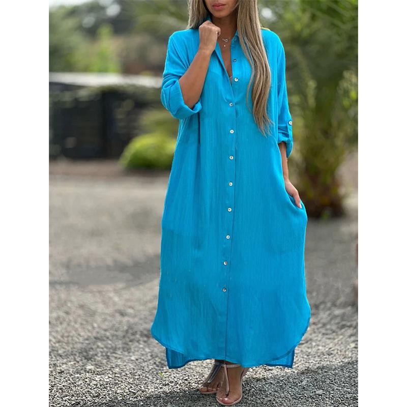 

Women s Cotton Linen Shirt Dress Long Sleeve Casual Cardigan Style Long Dress 5XL світло-синій колір