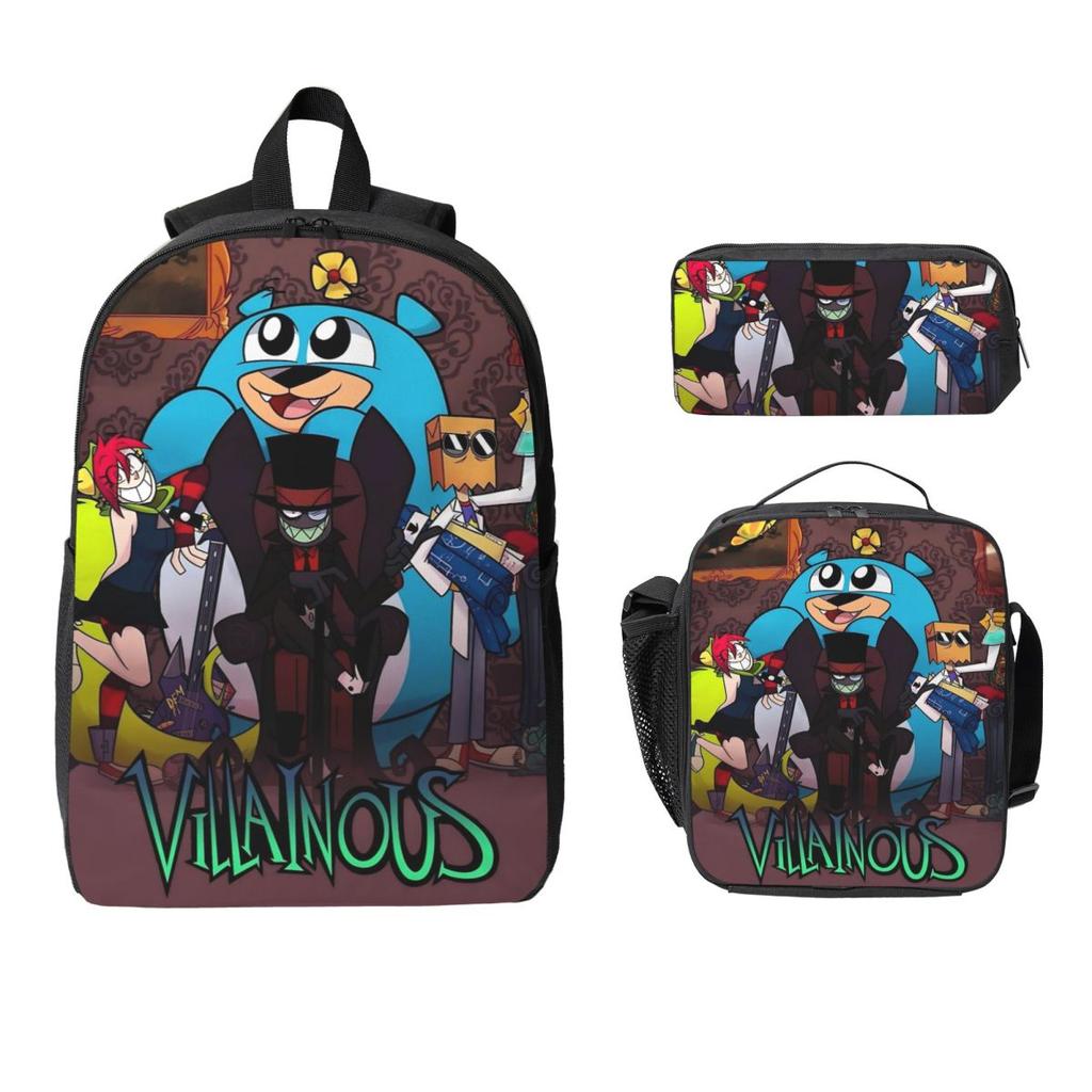 3Pcs Villainous Comdy Merch Backpack Set for Boy Girl Pen Bags Bookbag Sets with Lunch Box For School Students Daypack