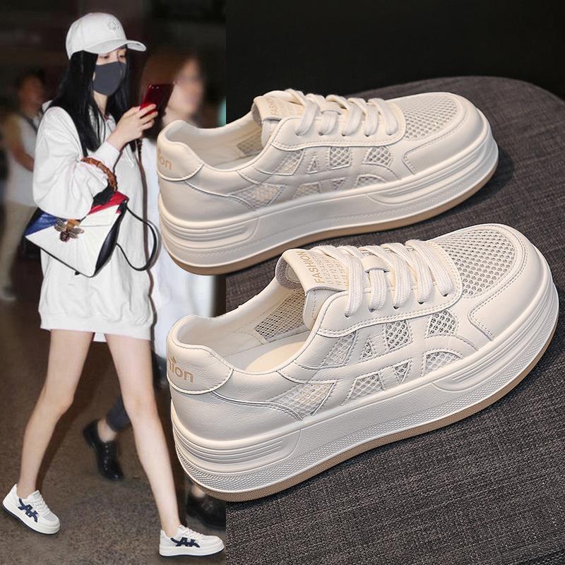 Summer mesh breathable hollow soft leather little white shoes women's shoes 2025 new thick-soled heightening casual sports board shoes