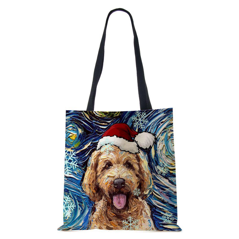 Christmas Dog Canvas Shopper Tote Bag Utskrift Harajuku Kvinner Gjenbrukbar skulderveske 2022 Casual Stor kapasitet sammenleggbar håndveske